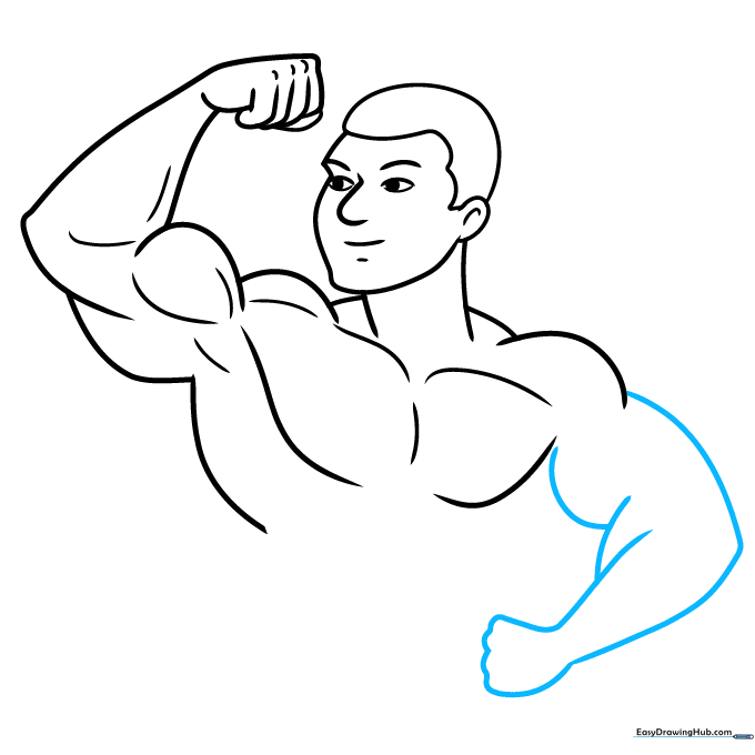 Drawing the second arm and fist to complete the symmetrical pose.