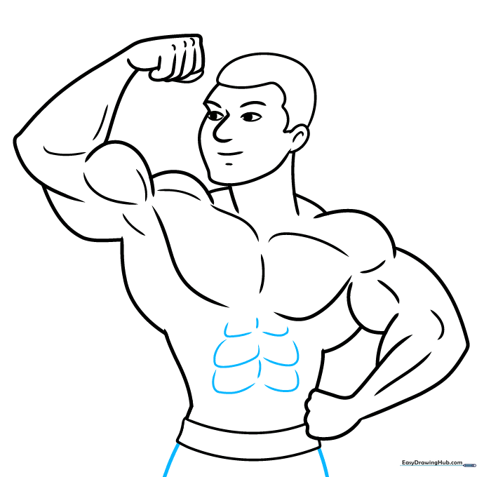Adding abdominal muscle lines and shorts to the bodybuilder drawing.