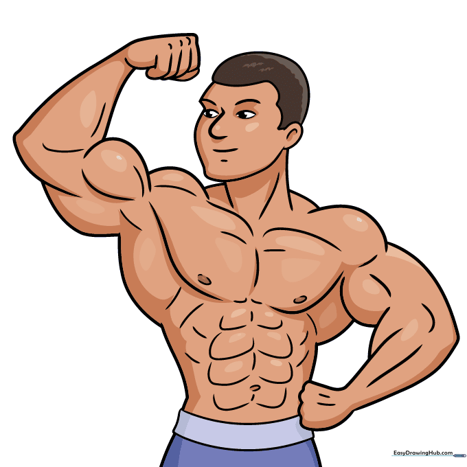 A fully colored, vibrant cartoon bodybuilder character.