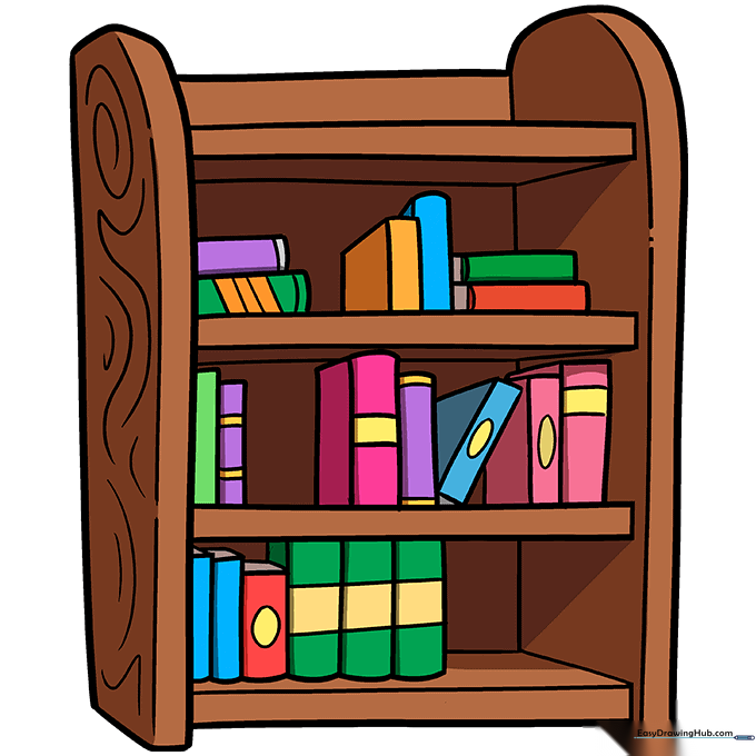 A fully colored, vibrant bookshelf drawing with books of various colors.