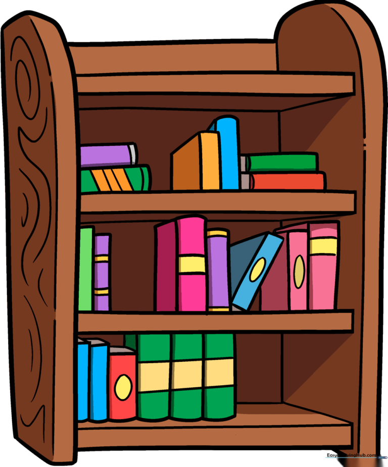 A colorful, finished drawing of a bookshelf filled with books, presented as a final example.