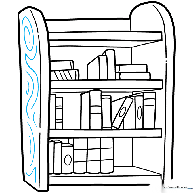 The finished bookshelf drawing with added wood grain texture using light spirals and wavy lines.