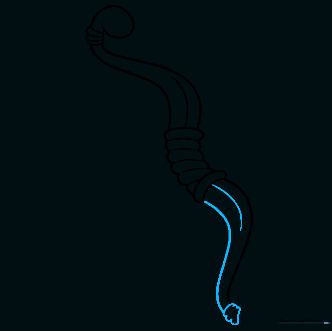 Finalizing the lower limb of the bow with a string notch and central detail line.