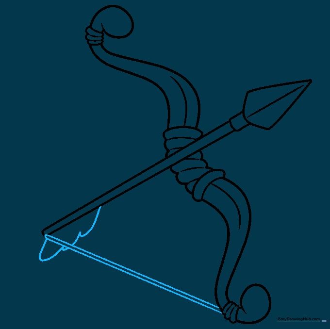 Sketching the bowstring and the feathered fletching on the arrow shaft.