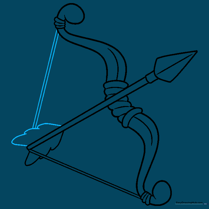 Finalizing the drawing by connecting the bowstring to the upper limb.