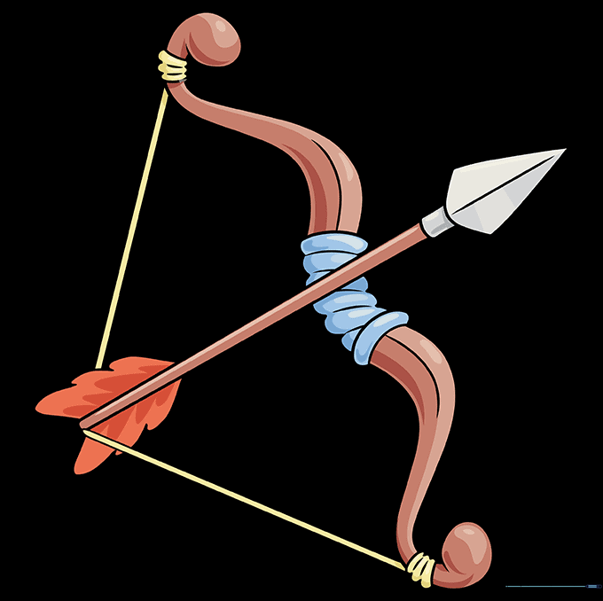 A fully colored cartoon bow and arrow illustration with vibrant wood and feather details.