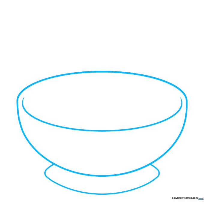 Pencil sketch showing the initial oval and curved base of a soup bowl.