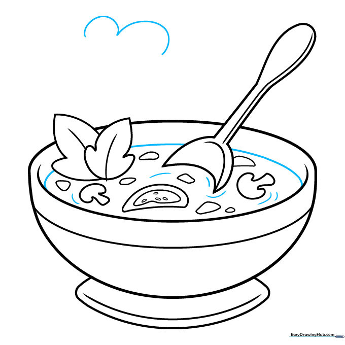 Drawing the soup surface line and the beginning of steam clouds.
