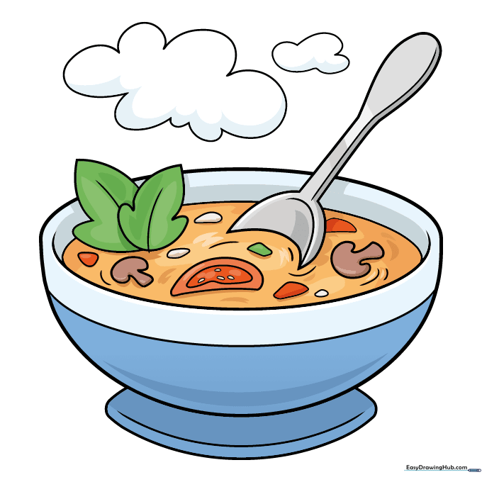 A fully colored, vibrant cartoon bowl of soup.