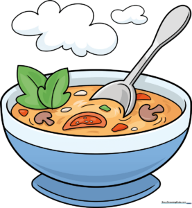 A colorful, finished drawing of a steaming bowl of vegetable soup.
