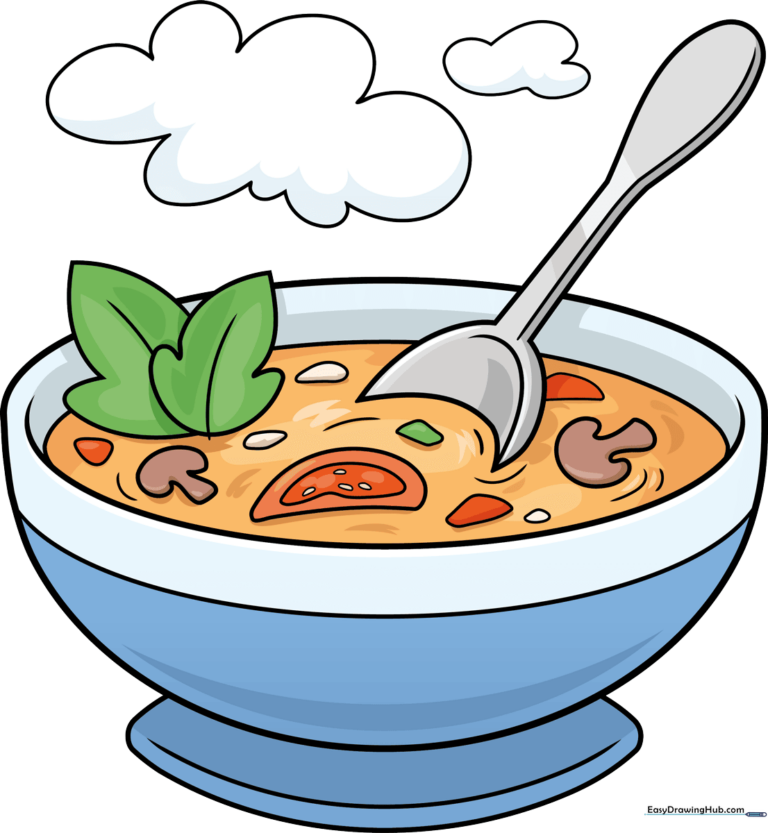 A colorful, finished drawing of a steaming bowl of vegetable soup.