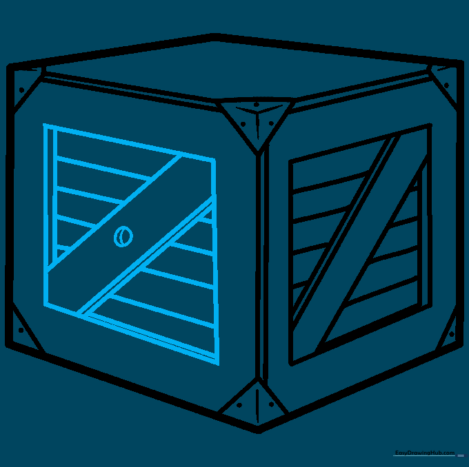 Front panel of the crate featuring a circular latch and additional wooden plank detailing.