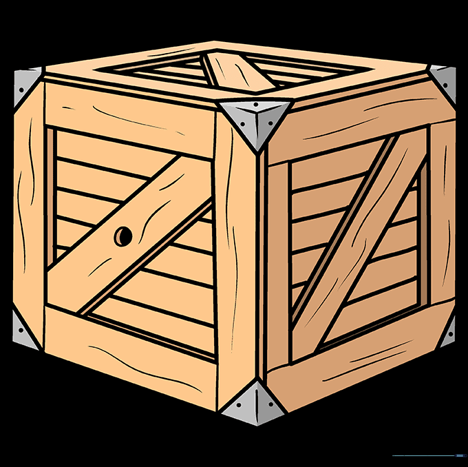 A fully colored, realistic wooden crate drawing with brown tones and shading.