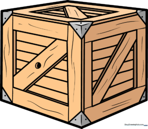 Finished illustration of a wooden crate with metal corner reinforcements.