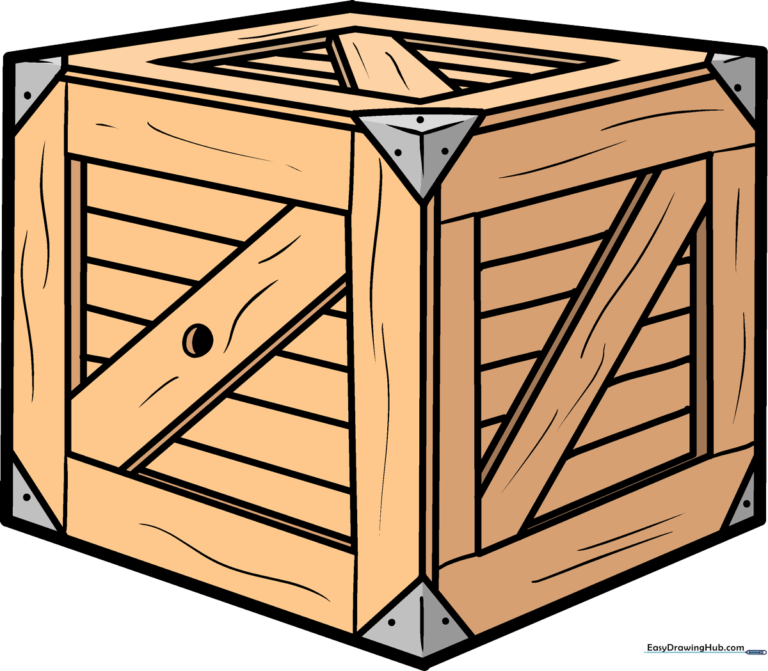 Finished illustration of a wooden crate with metal corner reinforcements.