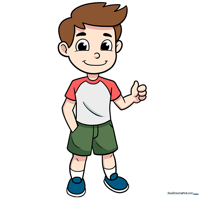 The final colored cartoon boy drawing, showing vibrant clothing and hair colors.