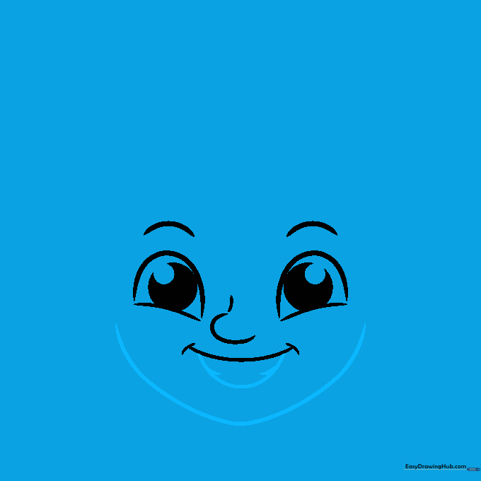 The outline of the boy's jawline and chin with a simple mouth showing teeth.
