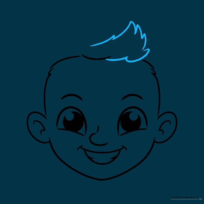 Drawing spiky, flame-like hair shapes on top of the boy's head.
