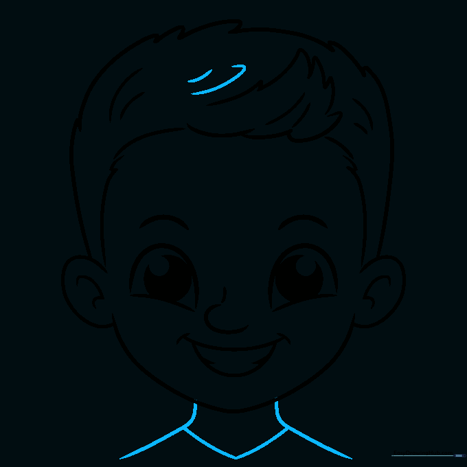 Drawing the neck and shoulder lines to complete the portrait.