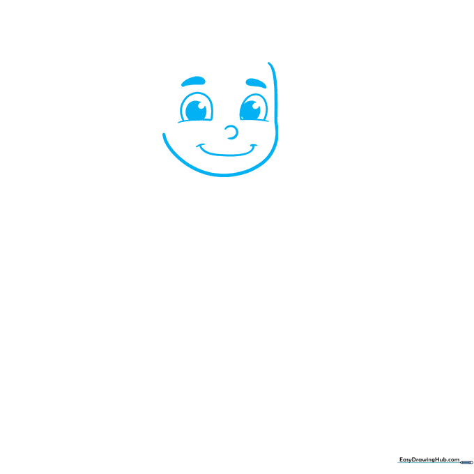 Pencil sketch showing the initial outline of a cartoon boy's face, eyes, and eyebrows on white paper.