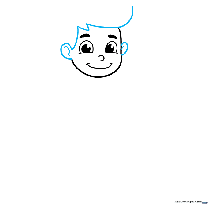 Drawing the ears and initial hair structure using smooth, curved pencil lines.