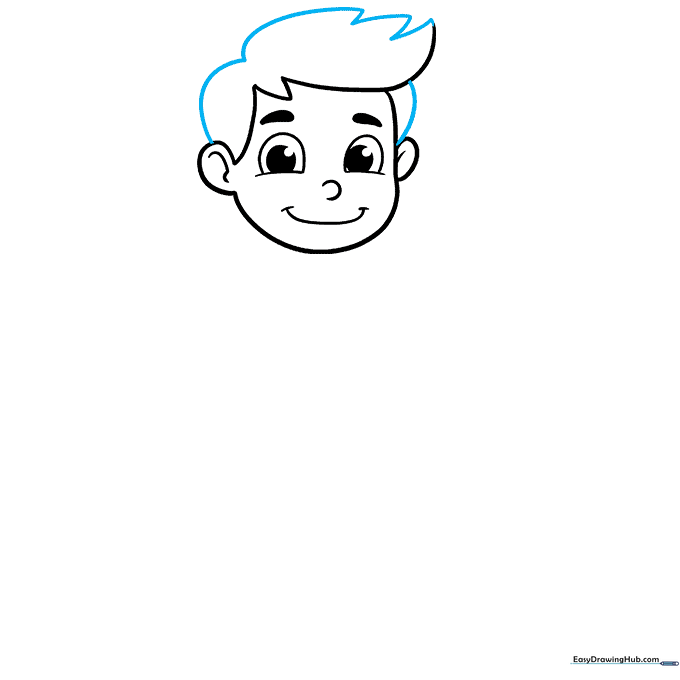 Adding detailed hair spikes to the boy's head using pointed, curved lines.