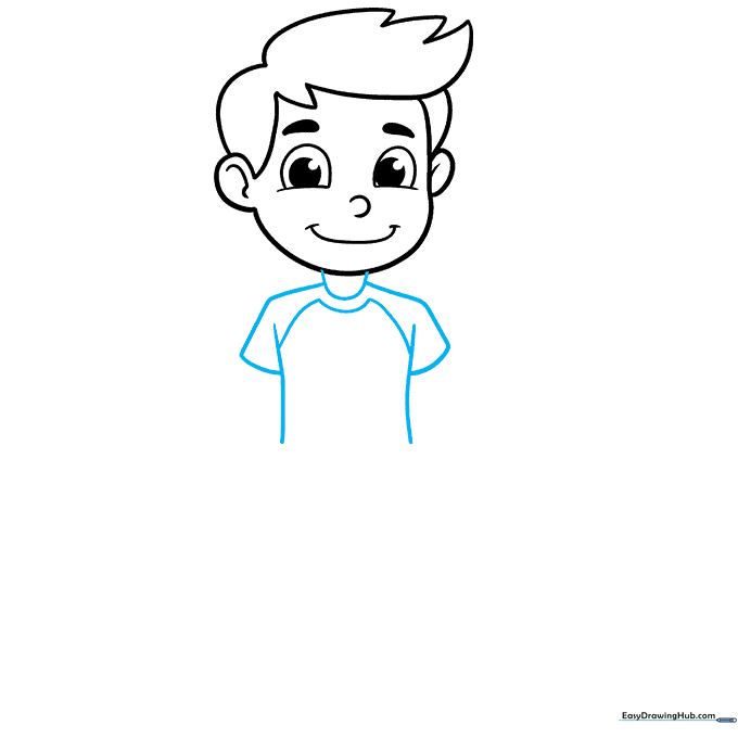 Sketching the neck, shoulders, and the upper torso of the t-shirt.