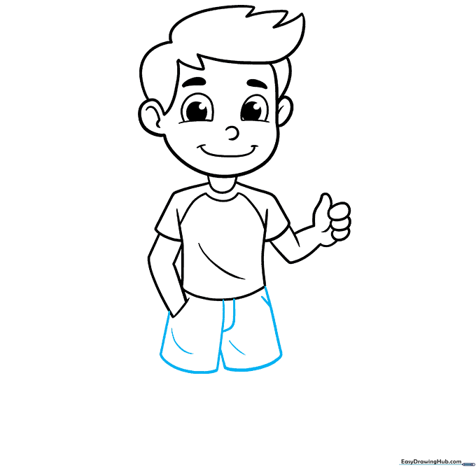 Adding the shorts to the boy's outfit with fabric contour lines.