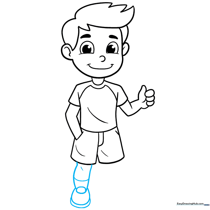 Drawing the first leg and shoe with details for the sock and sole.