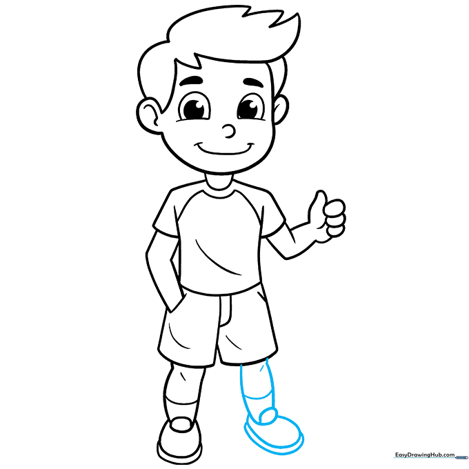 Finalizing the drawing by adding the second leg and shoe to complete the full-body outline.