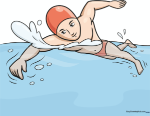 Colorful illustration of a boy swimming in the pool