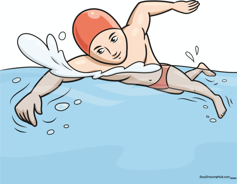 Colorful illustration of a boy swimming in the pool