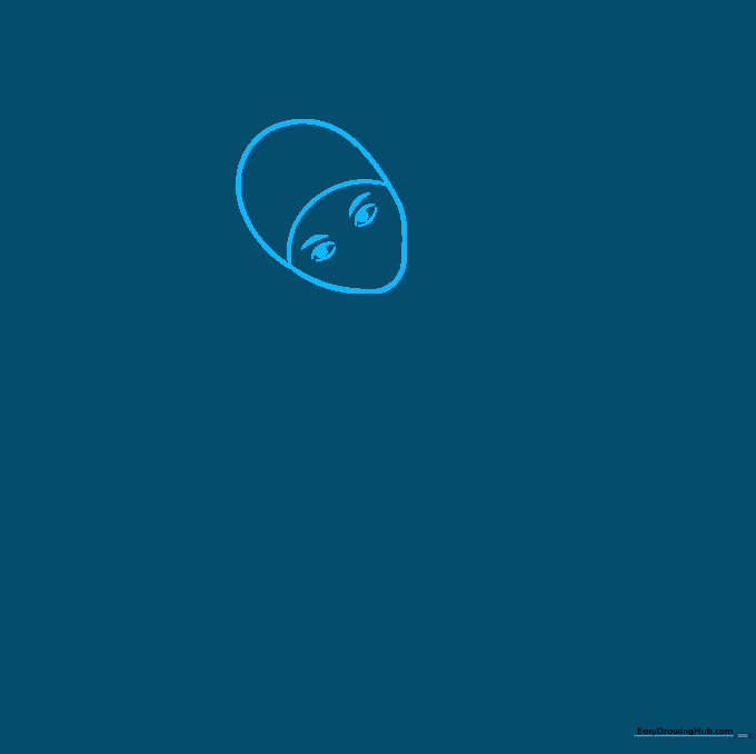 Sketching the oval head shape and swim cap line for a cartoon swimmer