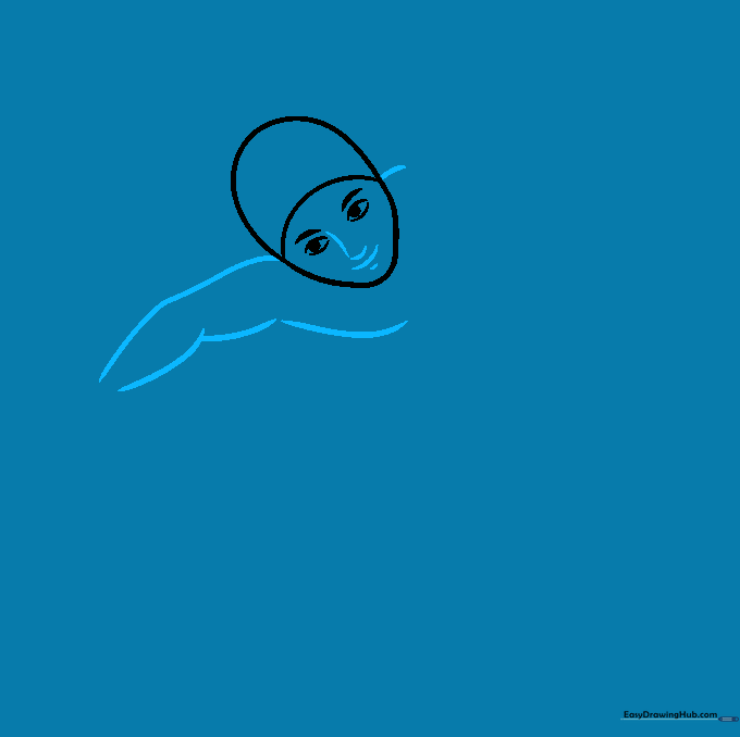 Drawing facial features and the initial shoulder structure of the swimmer