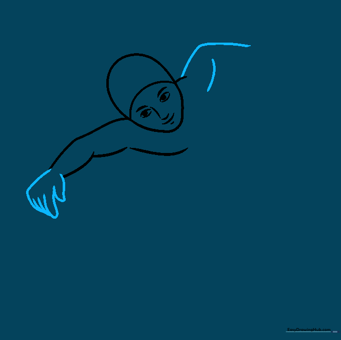 Detailed sketch of the swimmer's reaching arm and hand