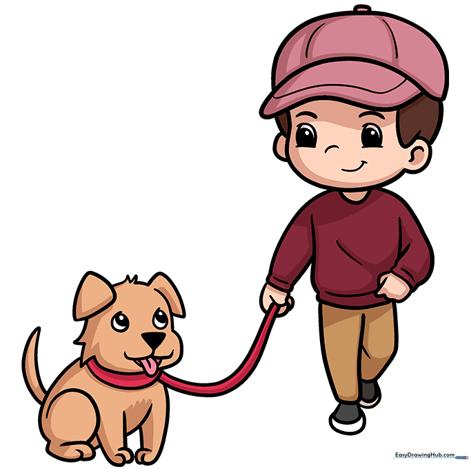 A fully colored, vibrant illustration of a boy walking his puppy.