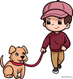 Colorful cartoon illustration of a boy walking his dog on a leash.