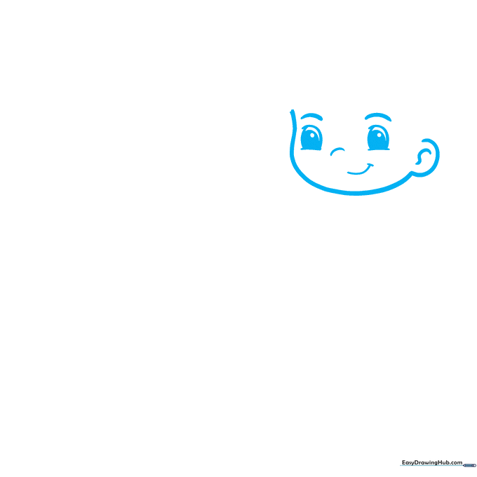 Close-up sketch of a cartoon boy's face showing eyes, nose, and mouth placement.