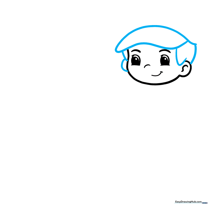 Drawing the boy's hair and the brim of a baseball cap using curved lines.