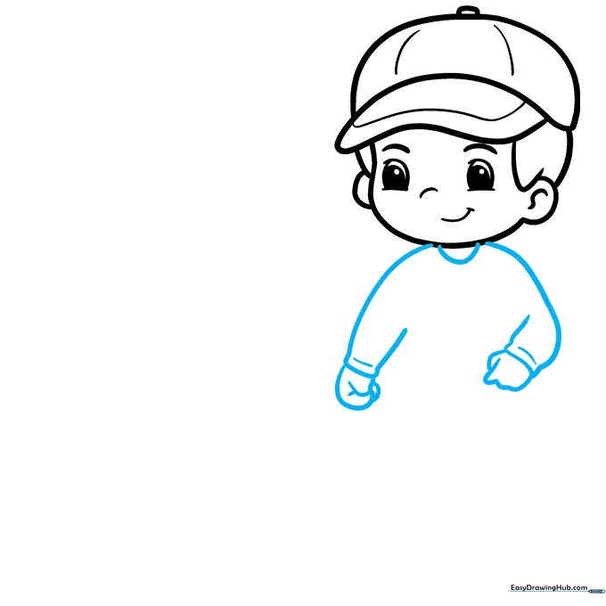 Sketching the boy's shirt collar, sleeves, and hands.