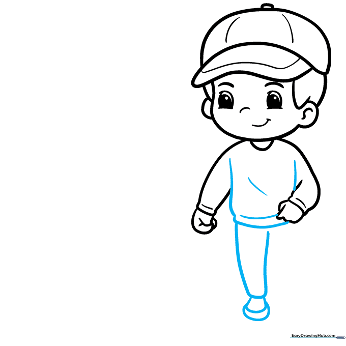 Adding the boy's torso, pants, and shoes to the drawing.