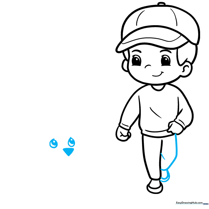 Drawing the boy's second leg and the beginning of the puppy's face.