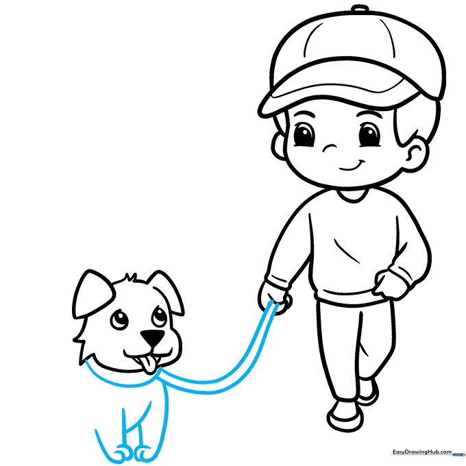 Connecting the boy and dog with a leash and drawing the puppy's front paws.