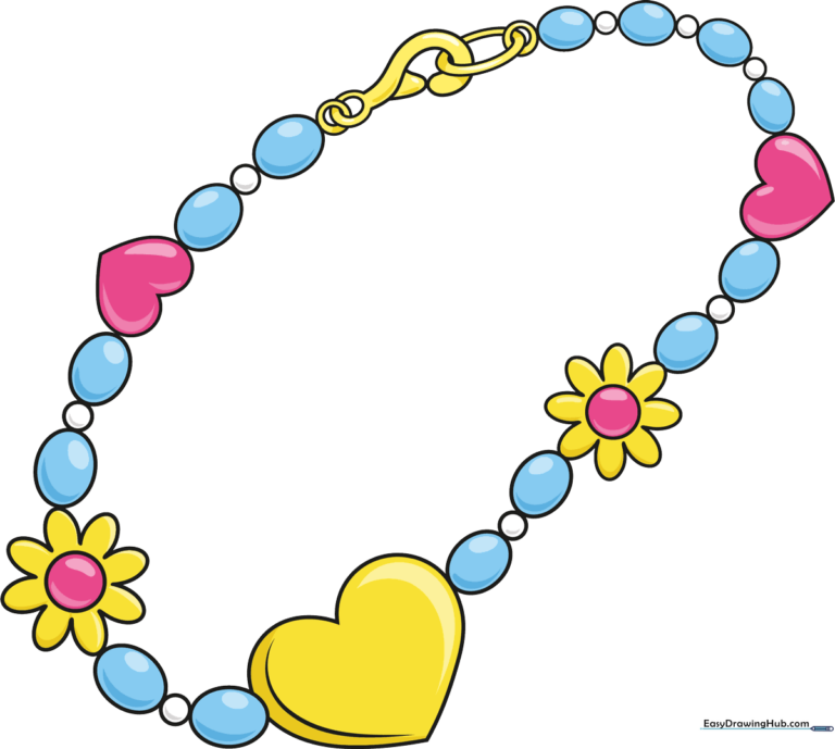 A colorful, finished drawing of a charm bracelet with heart and flower charms.