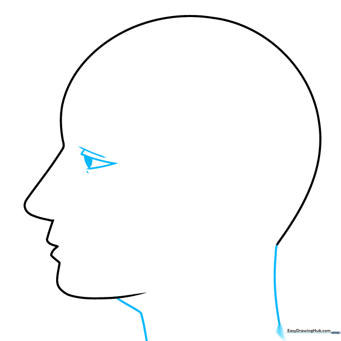 Detailing the eye with a pupil and sketching the back of the neck.