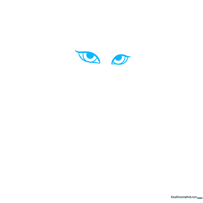 Close-up sketch of large, almond-shaped Bratz doll eyes with thick upper lash lines.