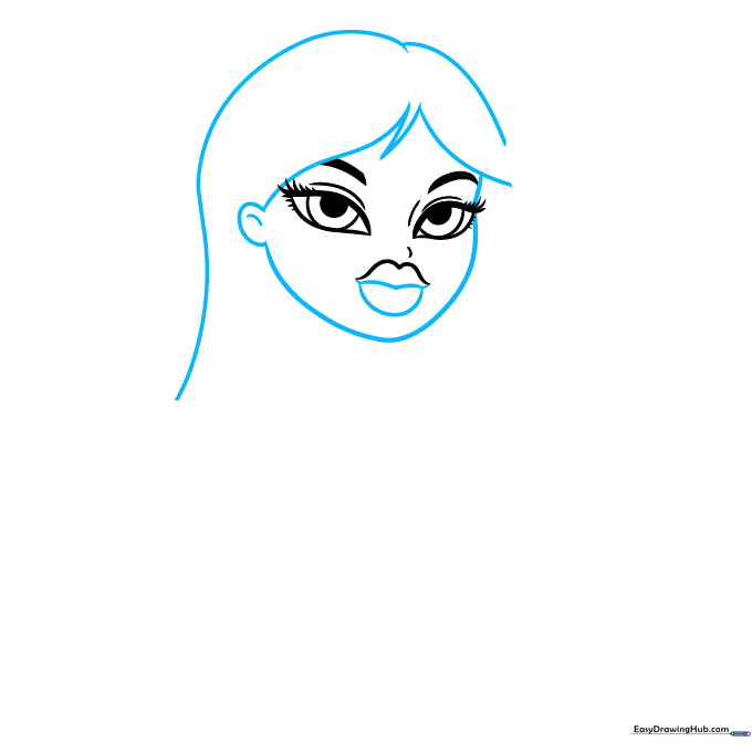Outline of the doll's face shape, ear, and the beginning of the hair framing the forehead.