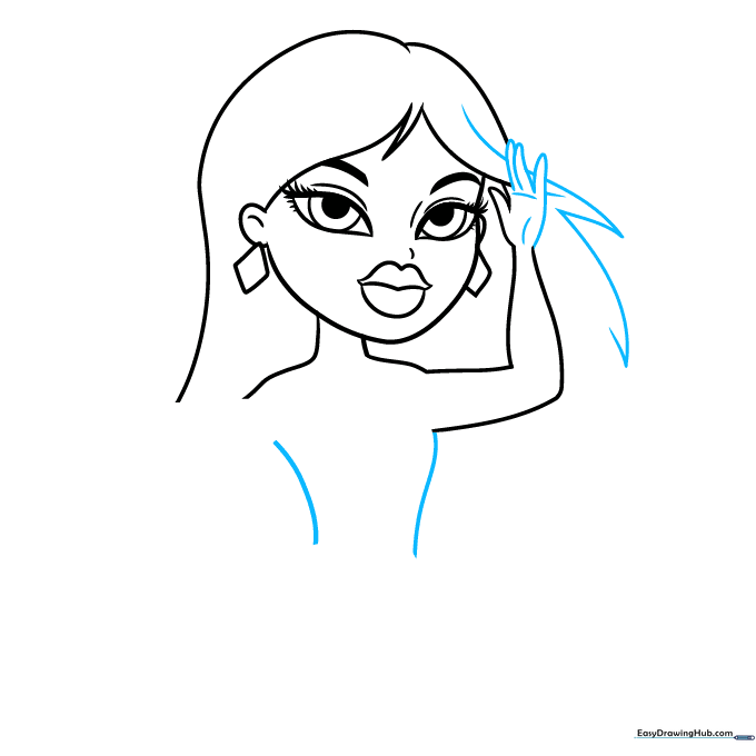Drawing the torso and adding more detailed hair strands falling over the shoulders.