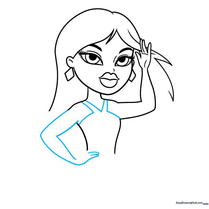Drawing an arm bent at the elbow with the hand on the hip and garment details.