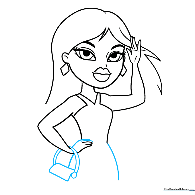 Adding a purse accessory with a handle and a rectangular body to the drawing.